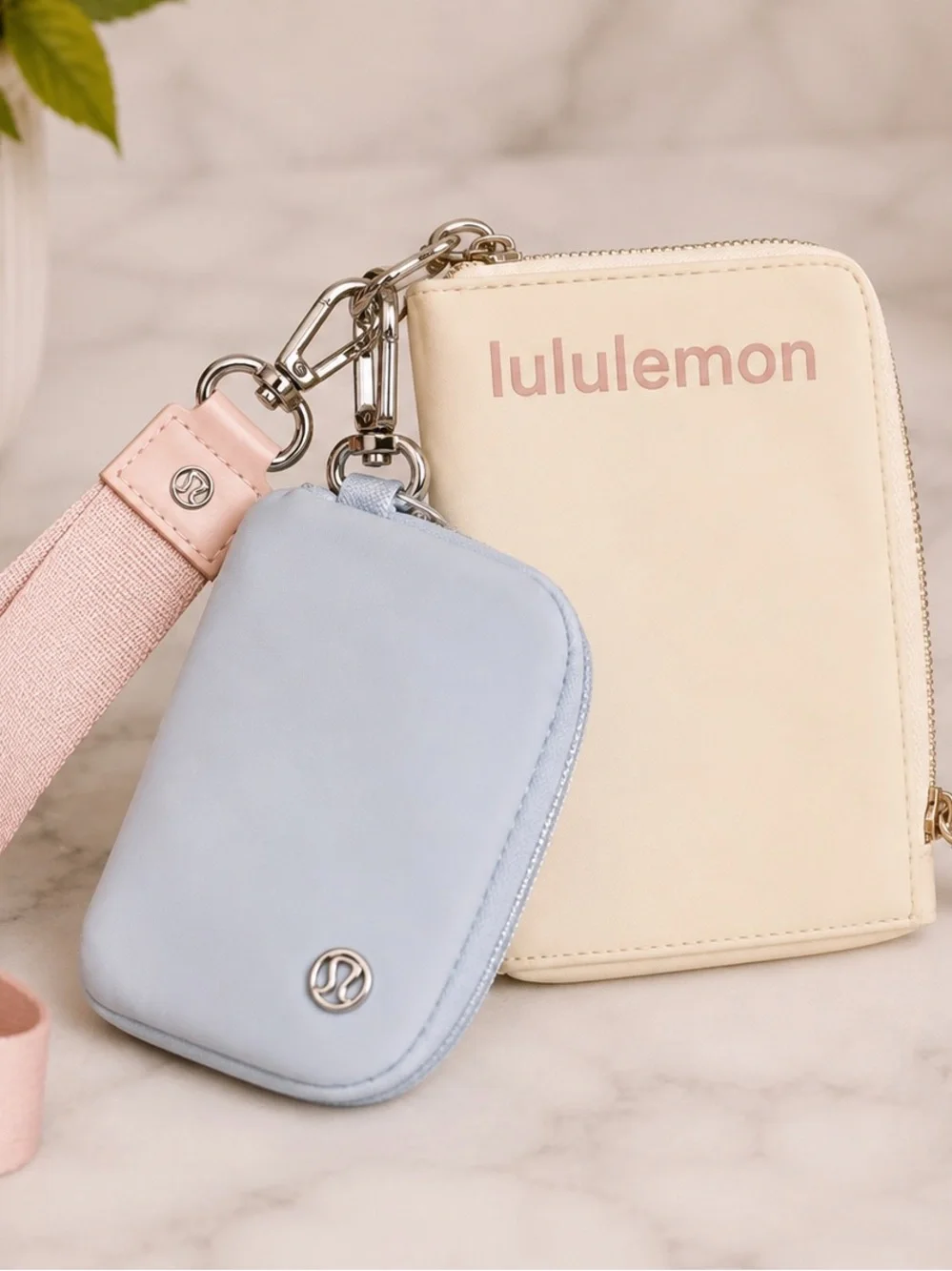 Lululemon Dual Pouch Wristlet Wallet Cream Blue 2 Piece Set
